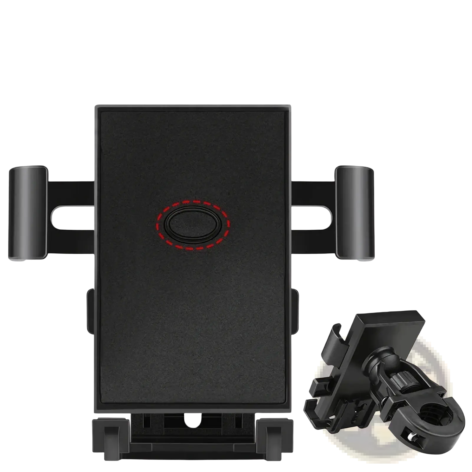 Black plastic bike phone mount with red dotted circular charging pad design and 360 degree universal holder
