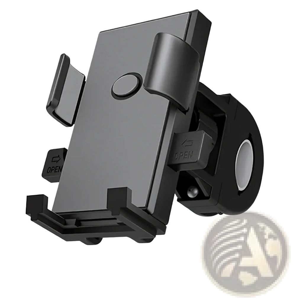 Black plastic bike phone mount with adjustable clamps and open button for easy attachment 360 degree universal holder