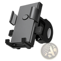 Black plastic bike phone mount with adjustable clamps and open button for easy attachment 360 degree universal holder