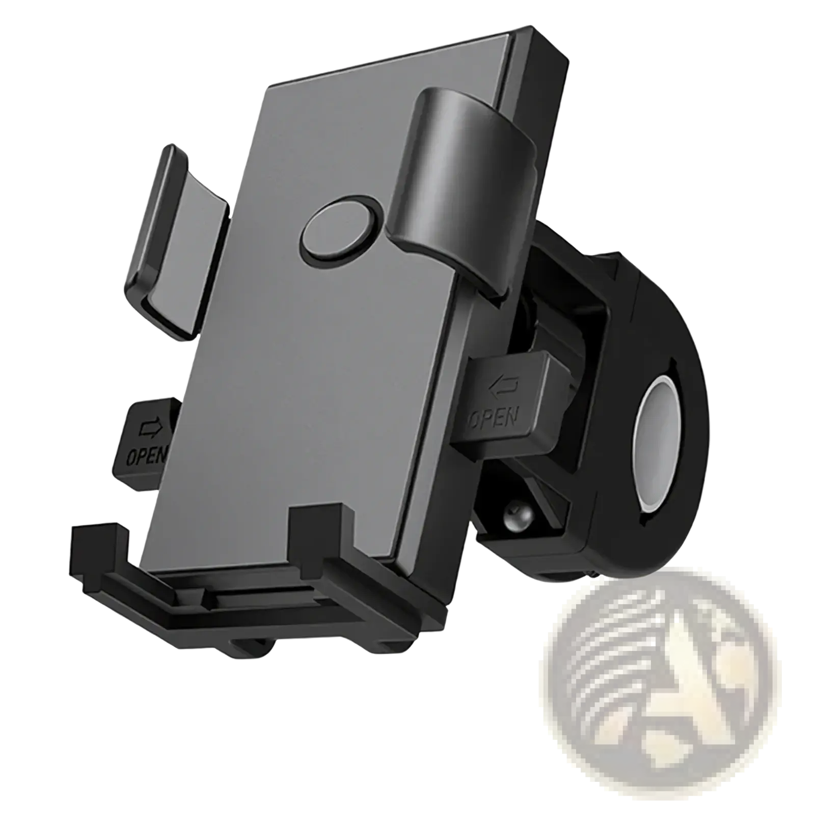 Black plastic bike phone mount with adjustable clamps and open button for easy attachment 360 degree universal holder