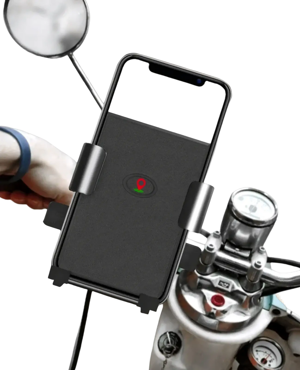 Black smartphone mounted in a sleek metallic 360 degree universal bike phone mount holder on handlebar