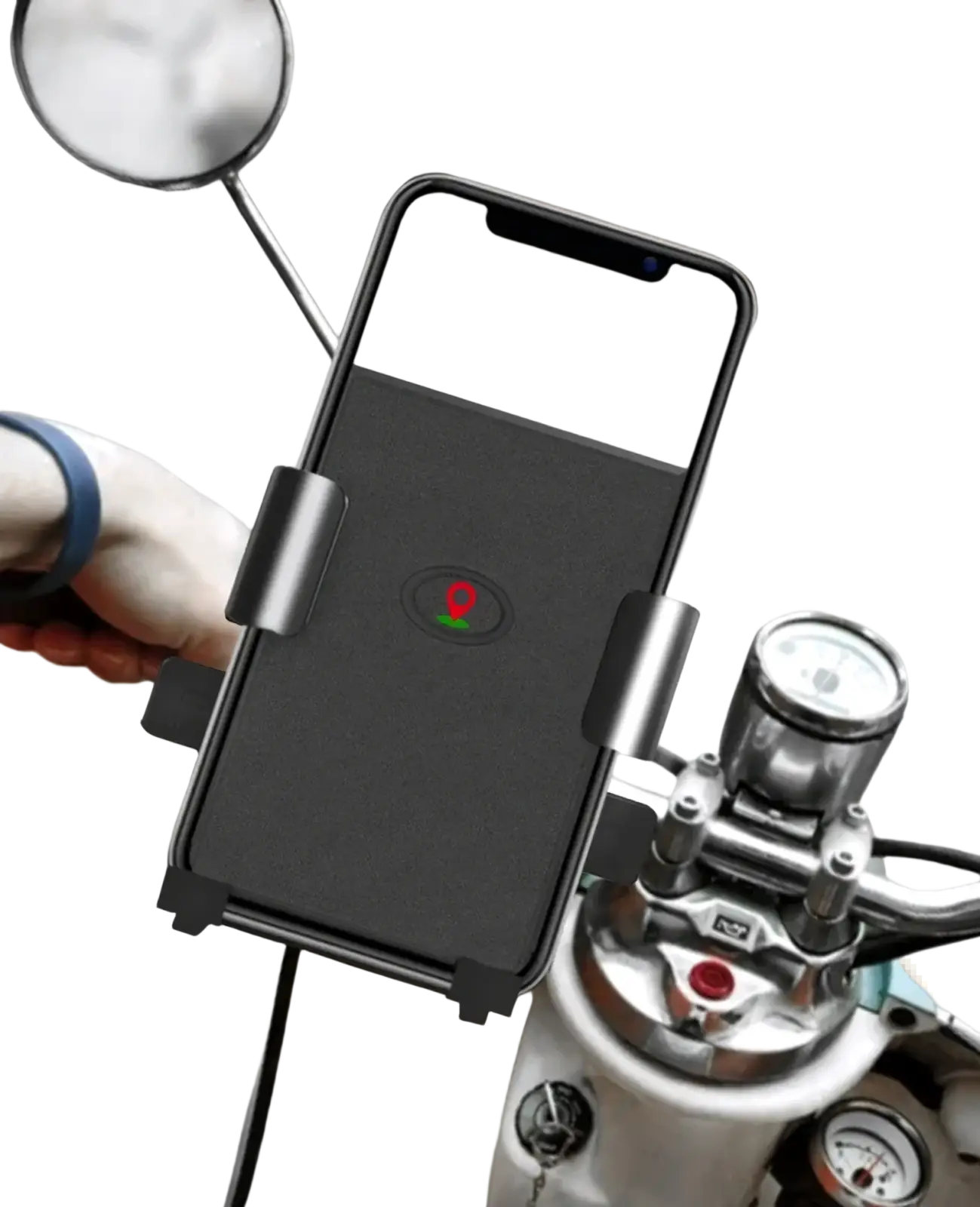 Black smartphone mounted in a sleek metallic 360 degree universal bike phone mount holder on handlebar