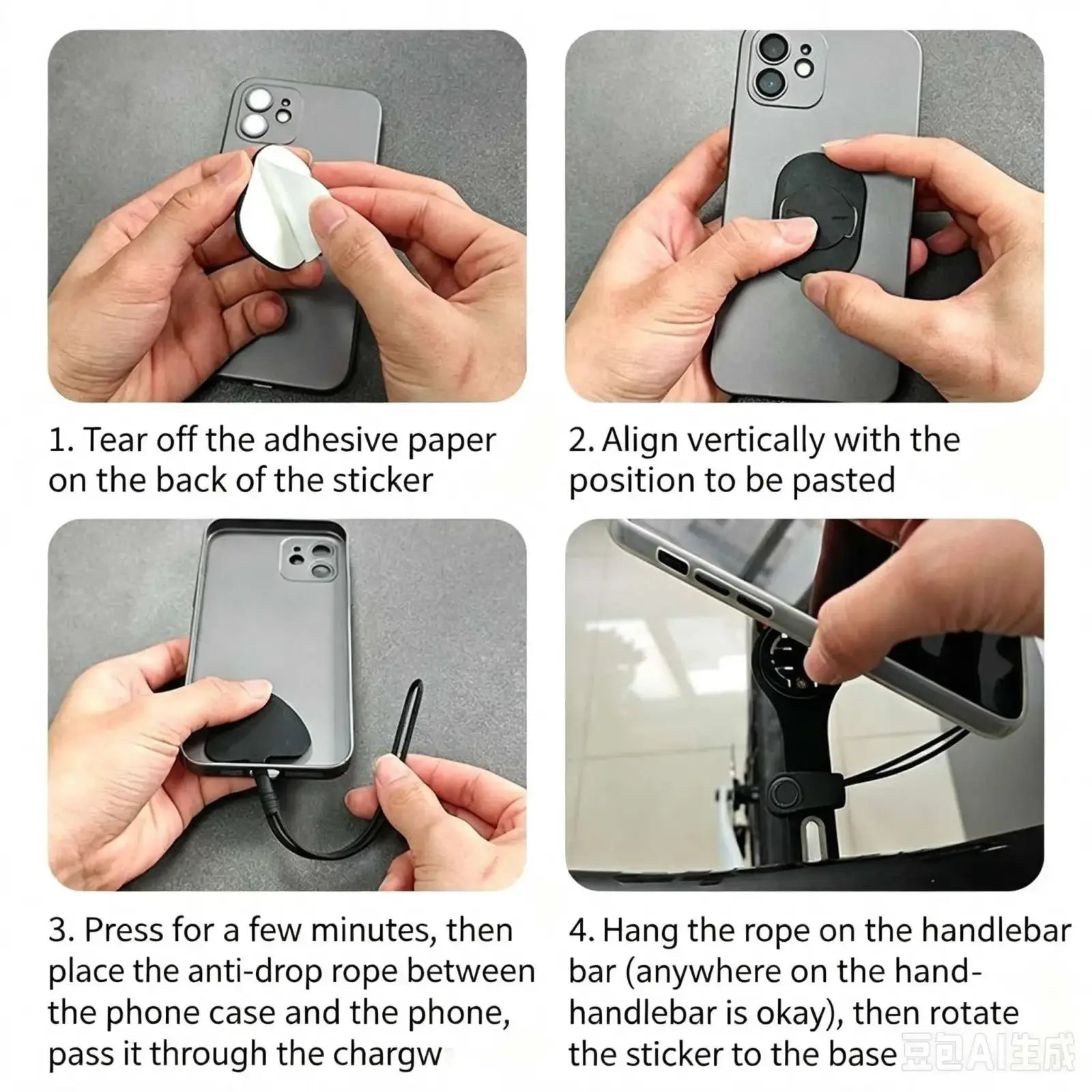 Black magnetic bike phone mount adapter with adhesive backing and attached anti-drop lanyard shown from the back side