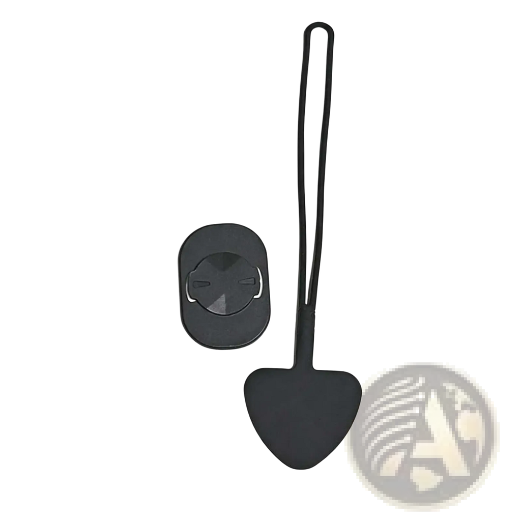 Black silicone bike phone mount adapter with attached anti-drop lanyard and visible back sticker shown from back side