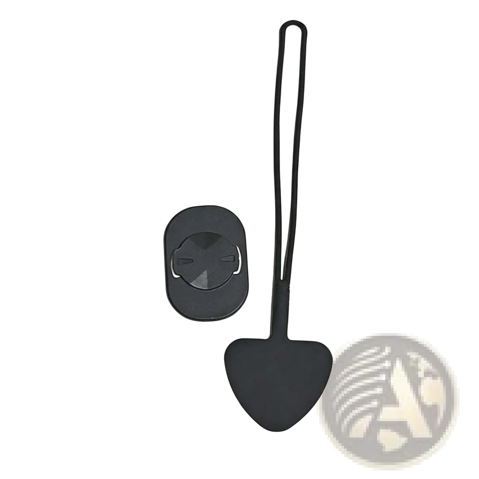 Black silicone bike phone mount adapter with attached anti-drop lanyard and visible back sticker shown from back side