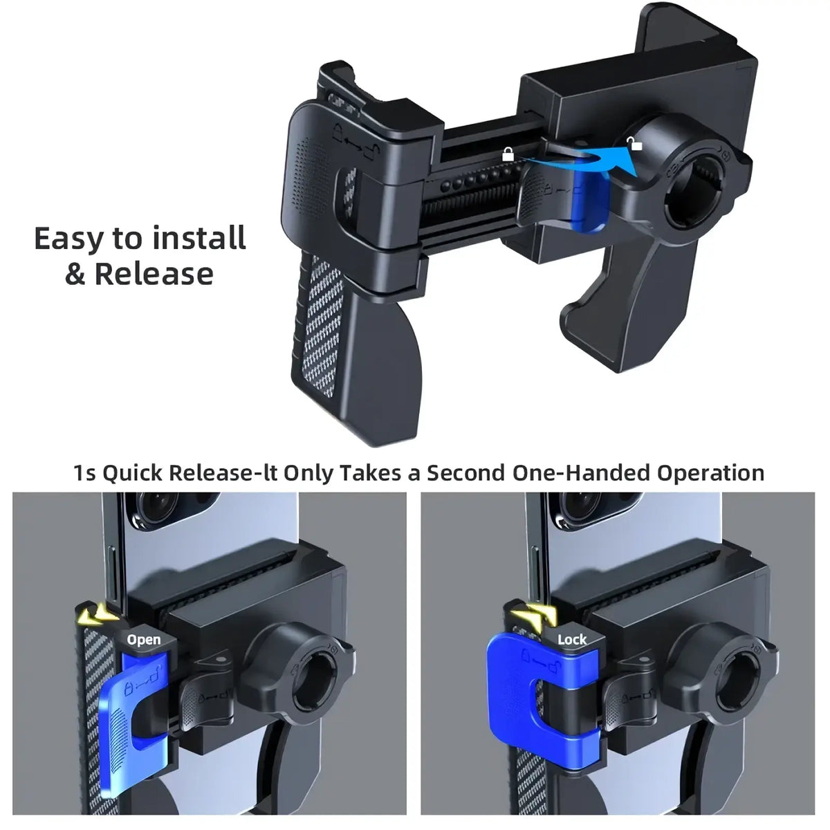 Bike phone mount universal handlebar gps holder in black and blue with quick-release for easy one-handed installation