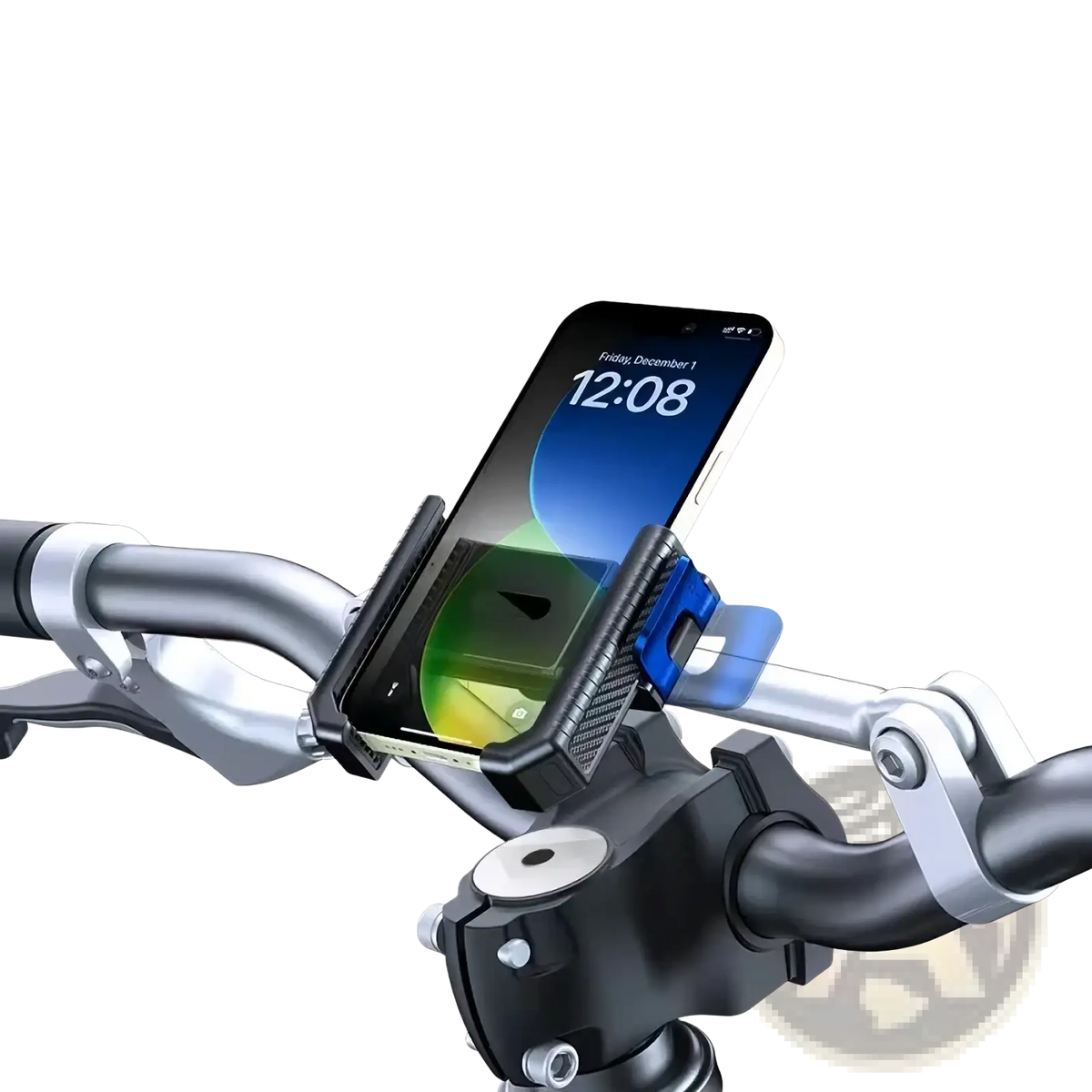 Black and blue universal bike phone mount hold an smartphone on handlebar for gps navigation use