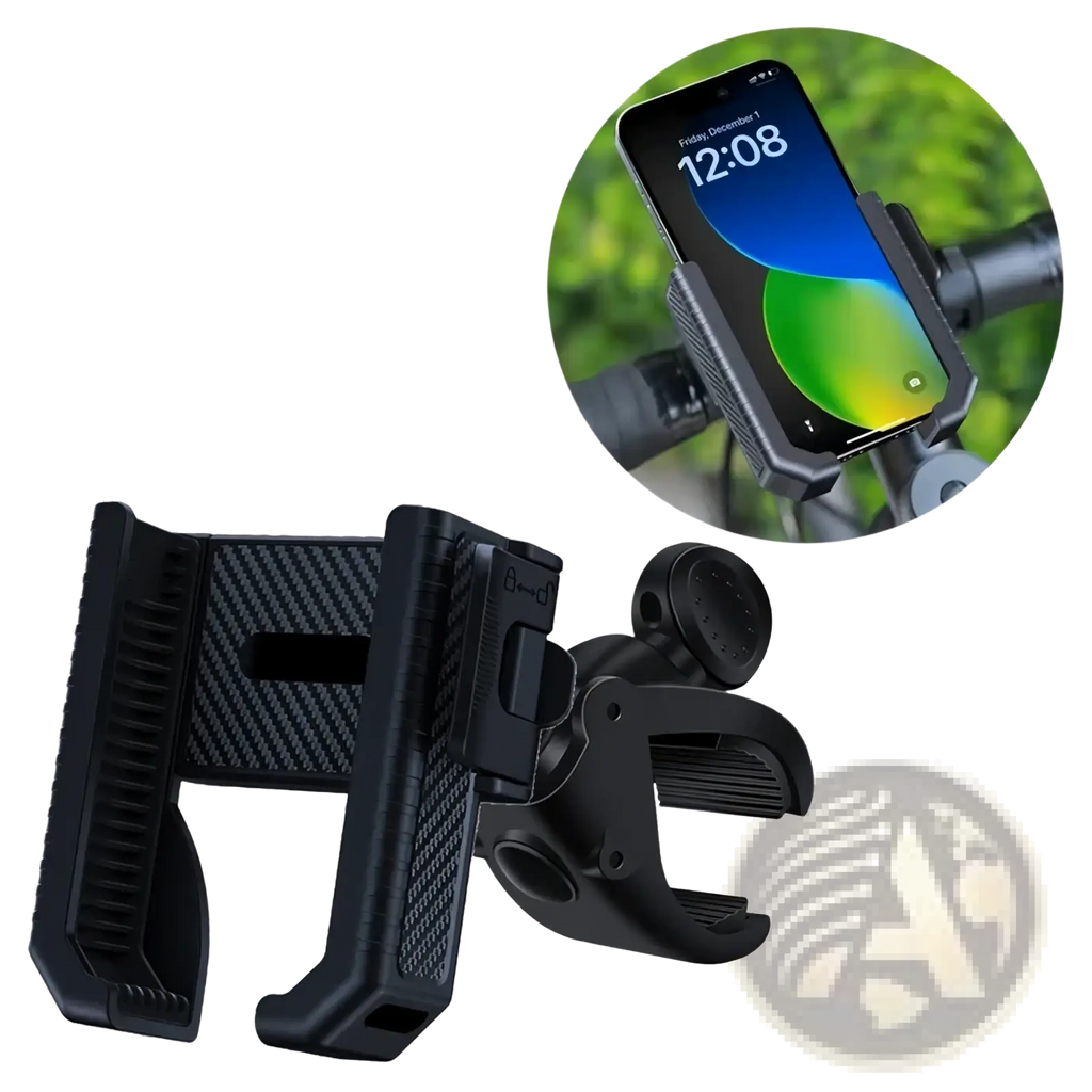 Black carbon fiber textured bike phone mount with adjustable clamp and rotating arm for universal handlebar use