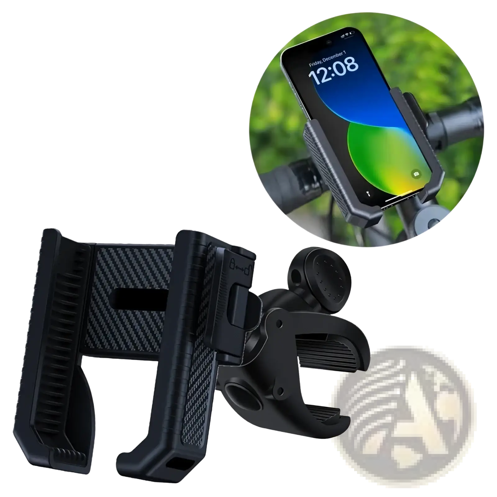 Black carbon fiber textured bike phone mount with adjustable clamp and rotating arm for universal handlebar use