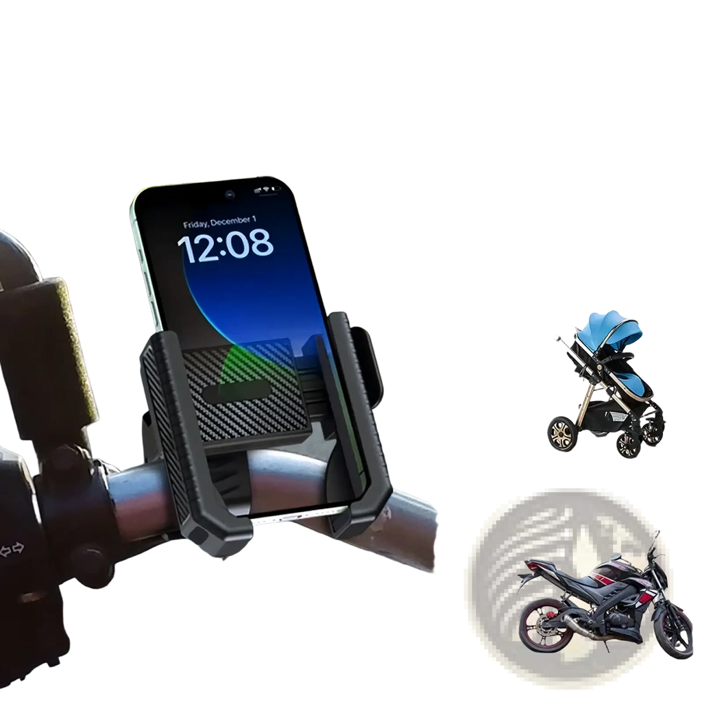 Black carbon fiber-textured bike phone mount universal handlebar GPS holder for motorcycles bikes and baby carriages