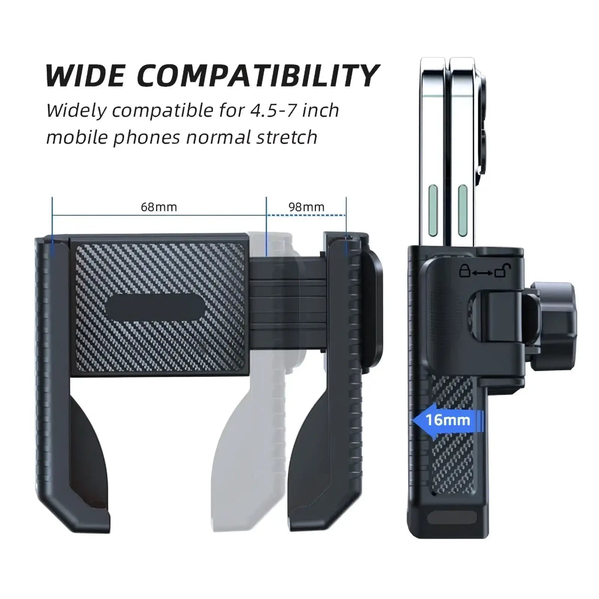 Black carbon fiber textured bike phone mount with adjustable clamp and rotating arm for 4.5-7 inch devices