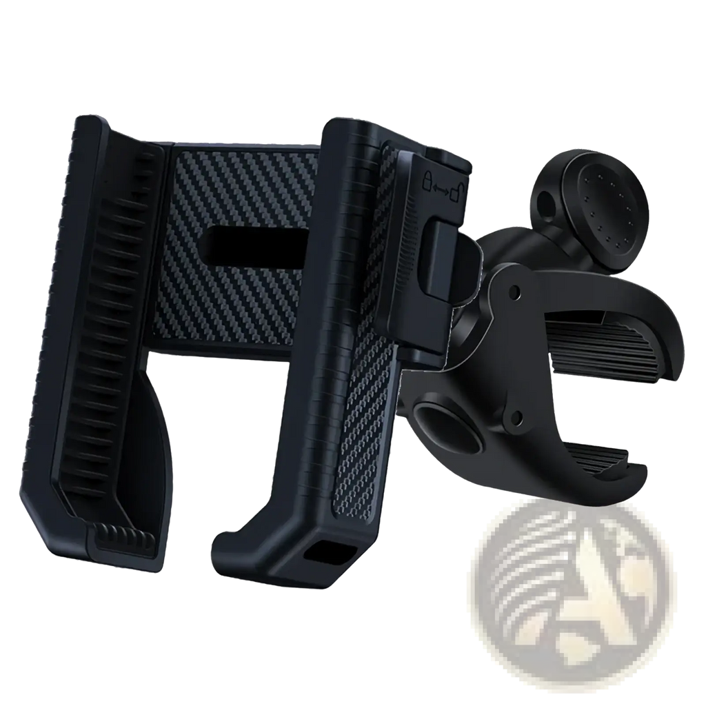 Black carbon fiber-patterned bike phone mount with adjustable clamp and rotating head for universal handlebar GPS use