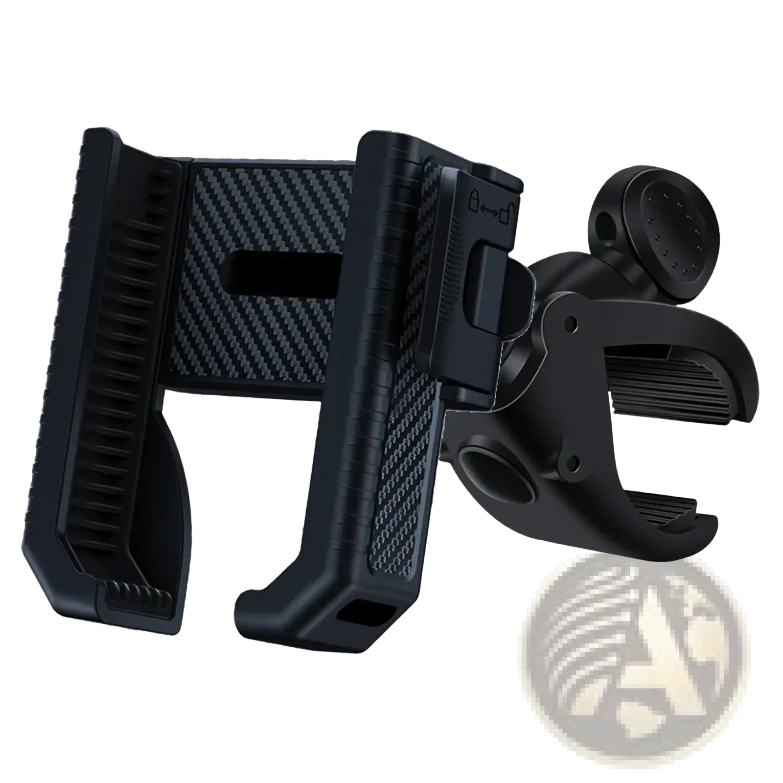 Black carbon fiber-patterned bike phone mount with adjustable clamp and rotating head for universal handlebar GPS use