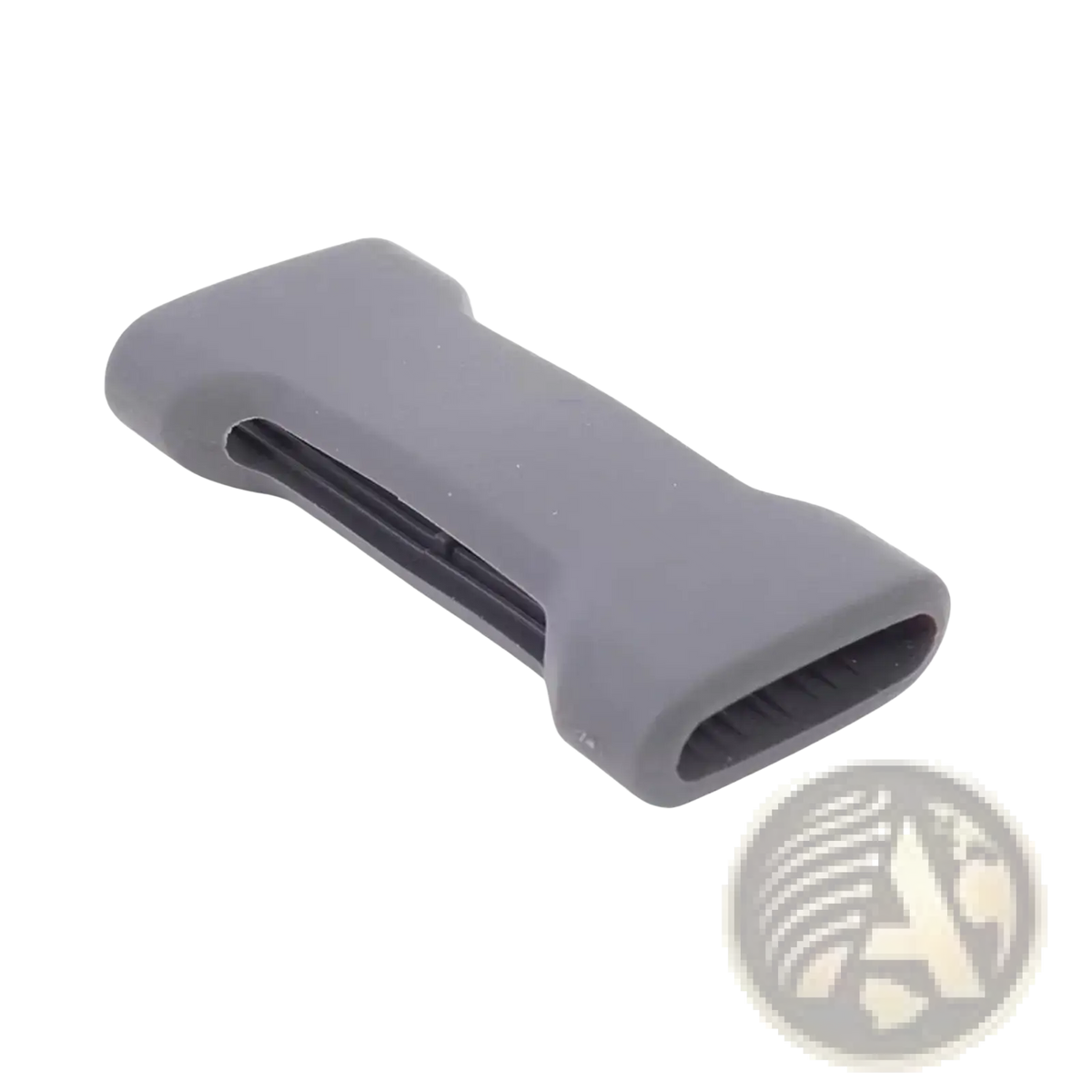 Gray silicone bike rack wheel strap pad for thule with sleek ergonomic belt clip and black interior slot shown from back side