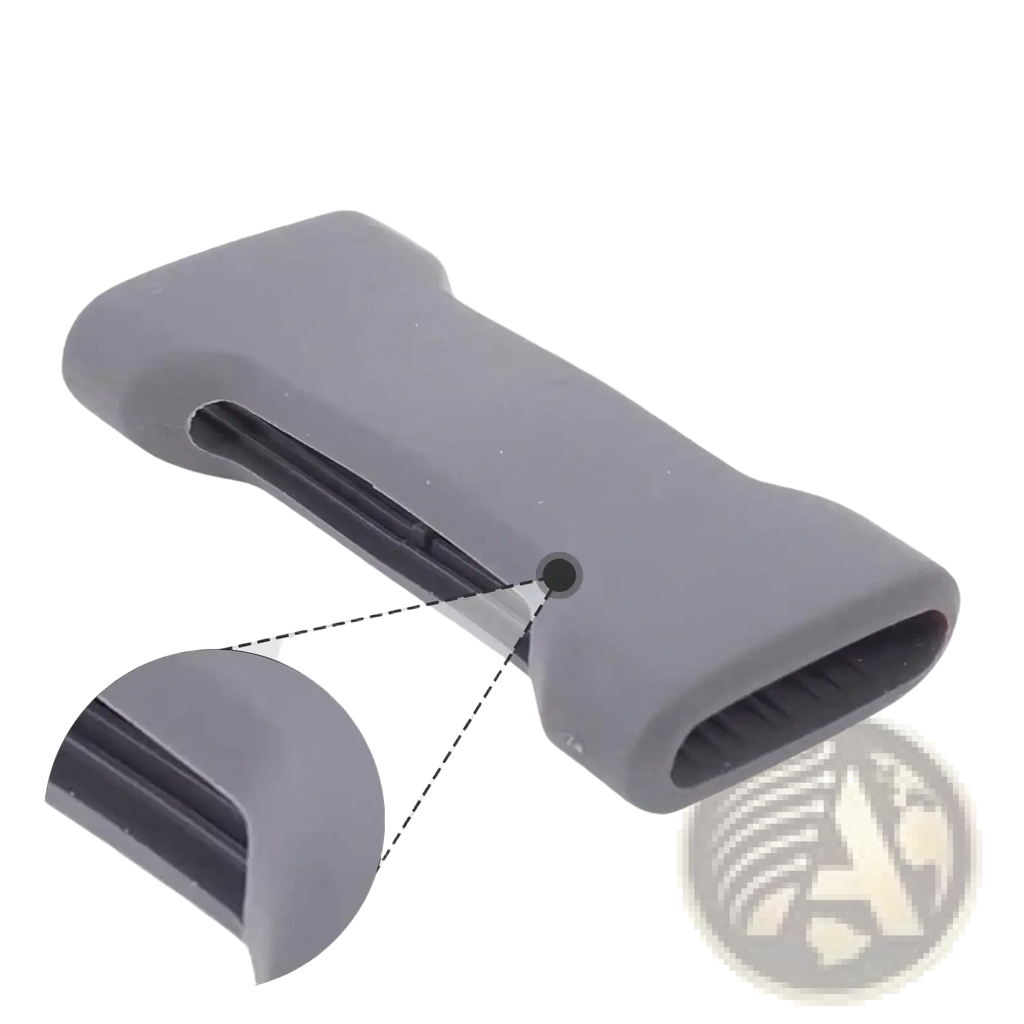 Gray silicone grip handle with black interior channel and textured ridges on bike rack wheel strap pad for thule