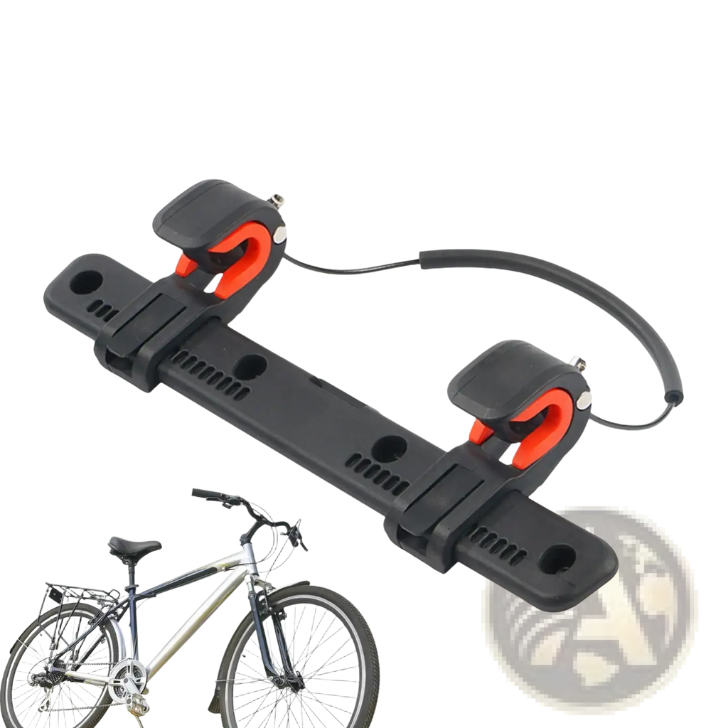 Black and orange bike saddle bag buckle with adjustable clamps for secure luggage mount and bike transport