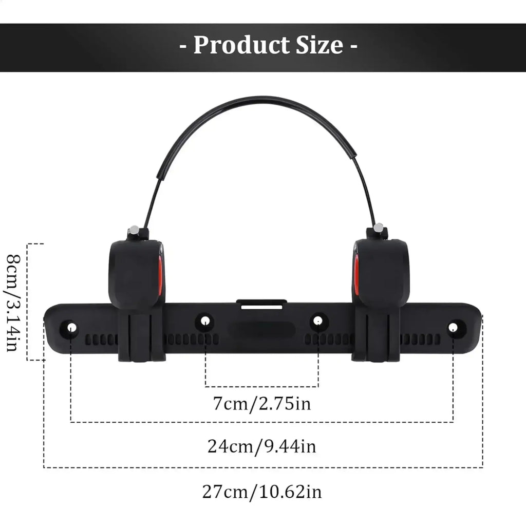 Black plastic bike saddle bag buckle adjustable luggage mount with red accents and curved carrying loop visible from back