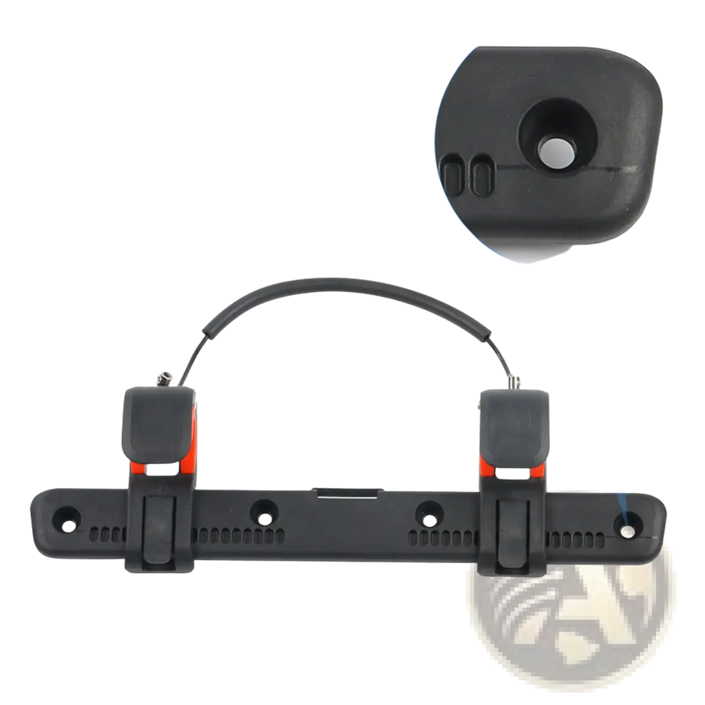 Black plastic bike saddle bag buckle adjustable luggage mount with orange accents and central cable loop