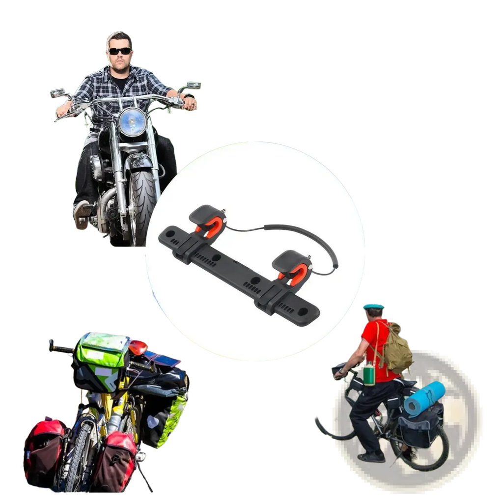 Black plastic bike saddle bag buckle mount with orange rubberized grips and adjustable black strap on back side