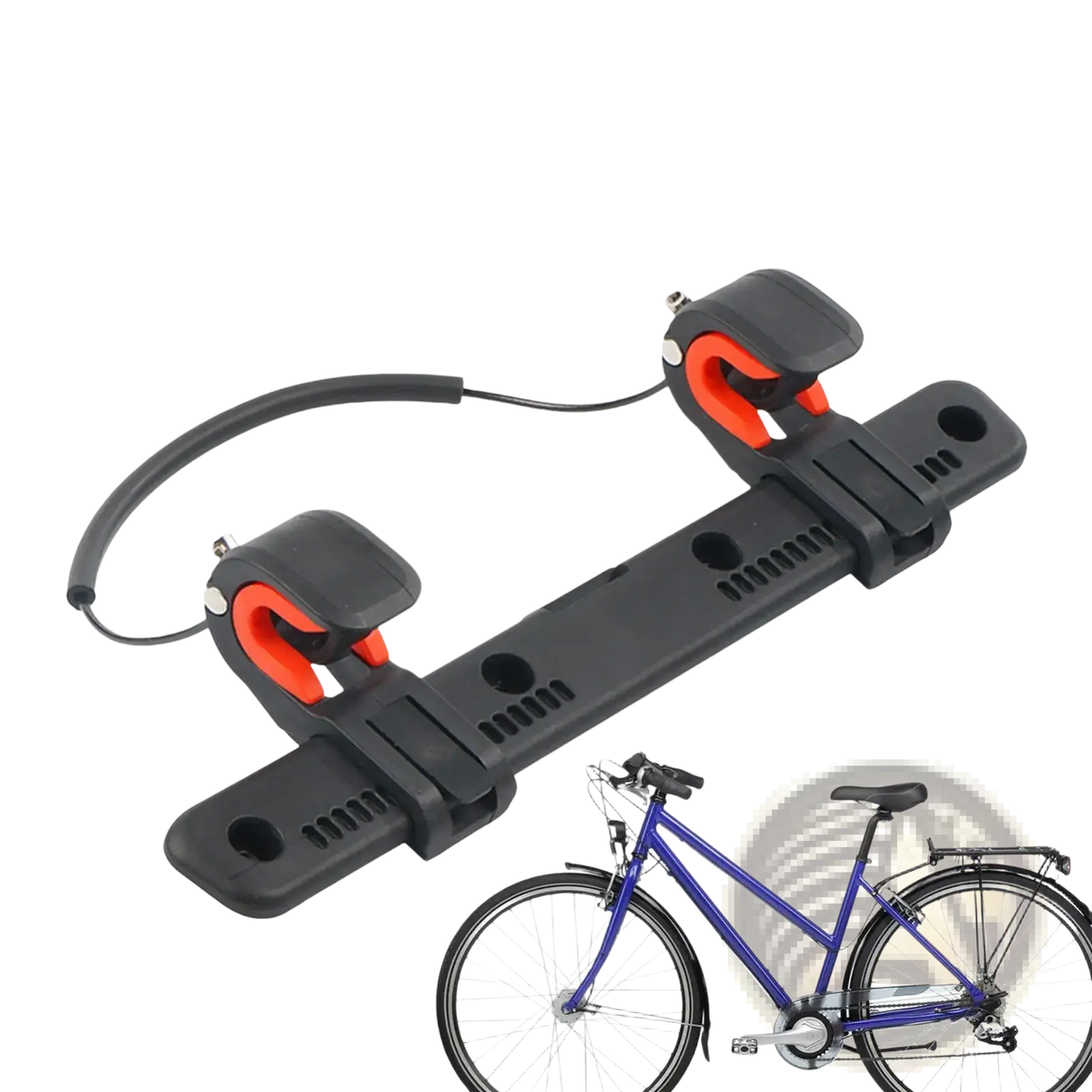 Black and orange bike saddle bag buckle mount pannier rack accessory with adjustable clamps for secure bike frame attachment