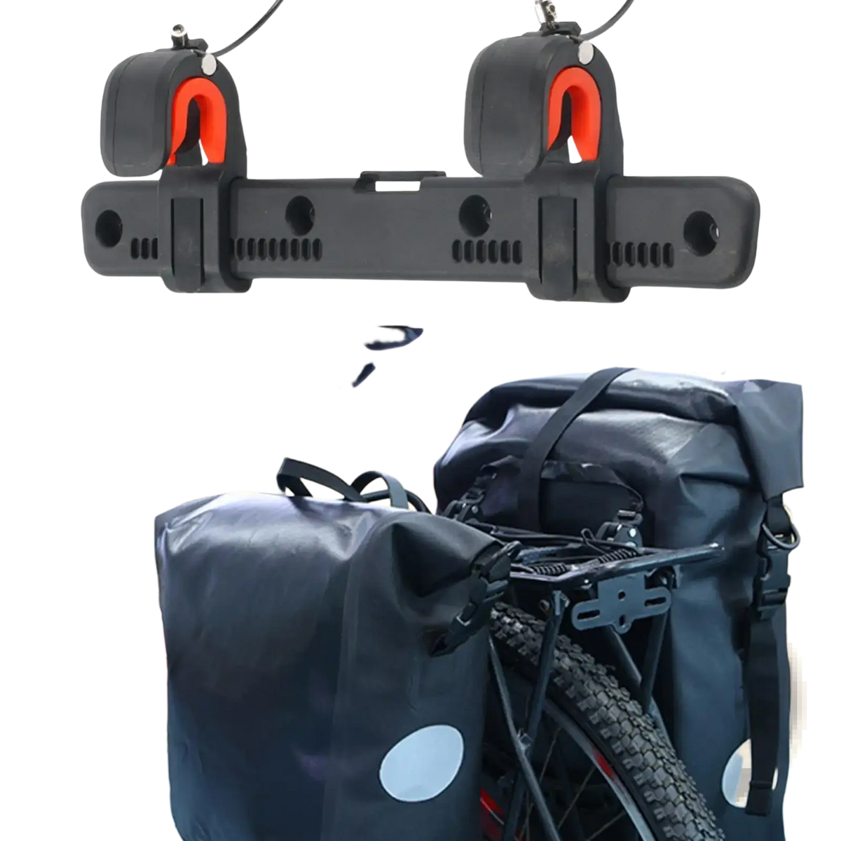 Black plastic bike saddle bag buckle mount with orange rubberized grips and ventilation slots for pannier rack accessory