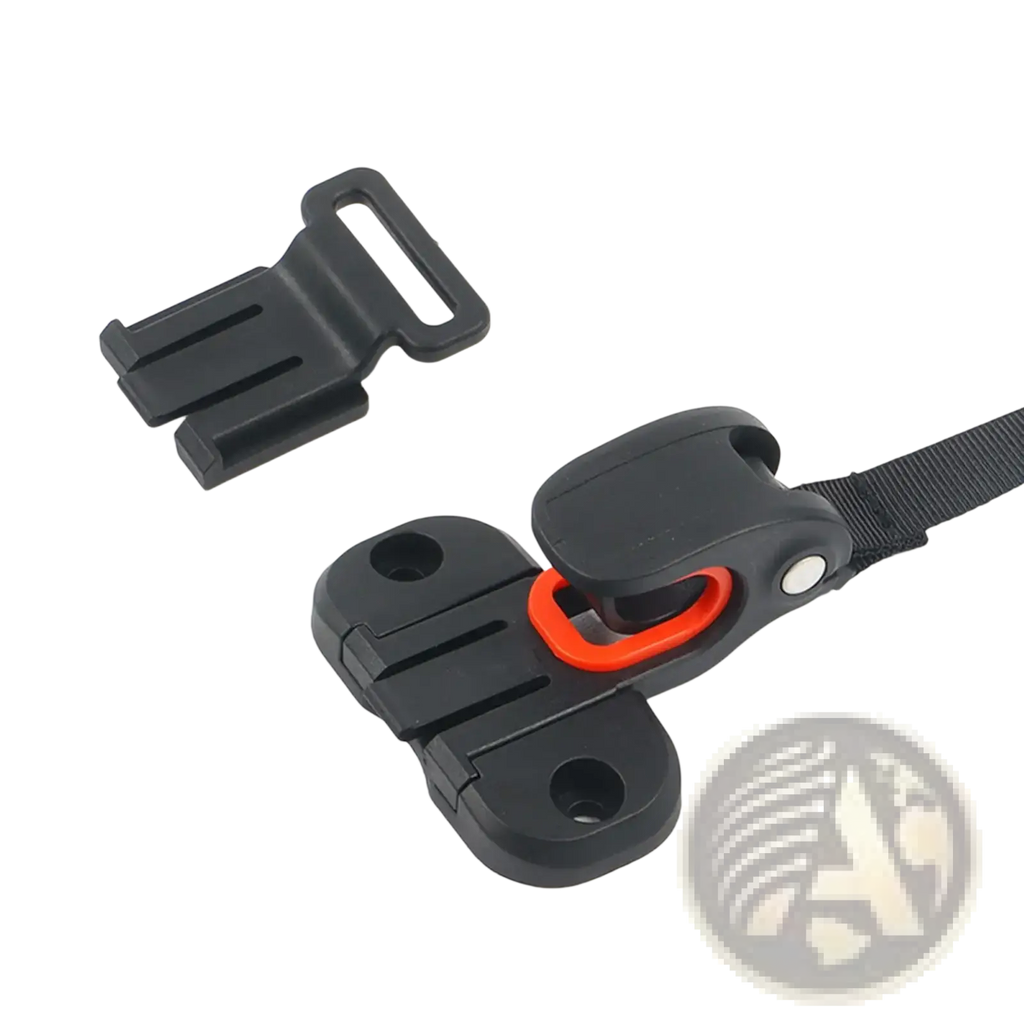 Black plastic bike saddle bag buckle mount with orange accent and attached black webbing strap pannier rack accessory