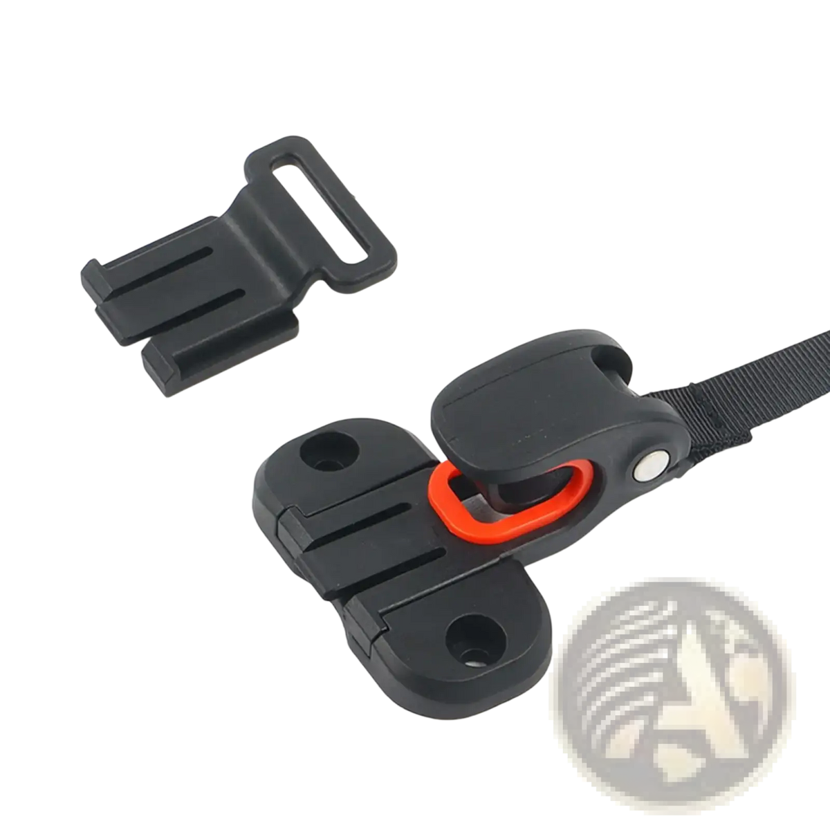 Black plastic bike saddle bag buckle mount with orange accent and attached black webbing strap pannier rack accessory