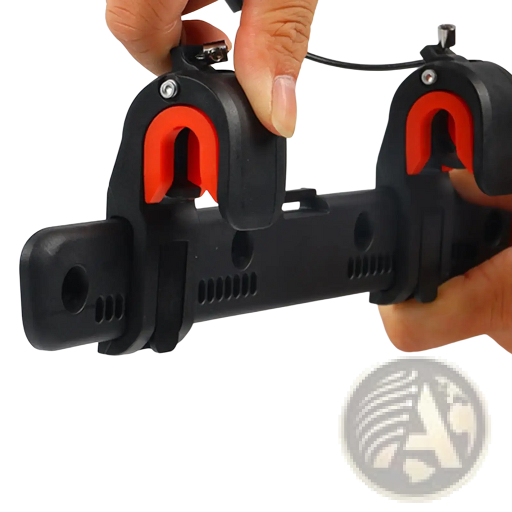 Black plastic bike saddle bag buckle mount pannier rack accessory with red u-shaped clamps and central bar shown from back side