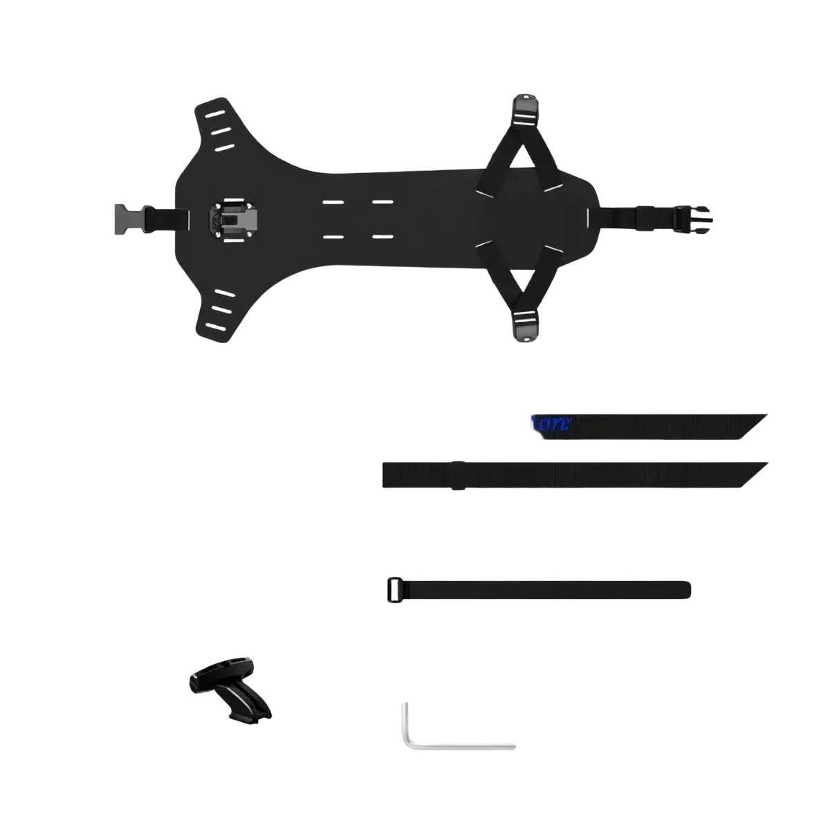 Black adjustable camera mount with multiple attachment points and straps for bike saddle bag stabilizer bracket use