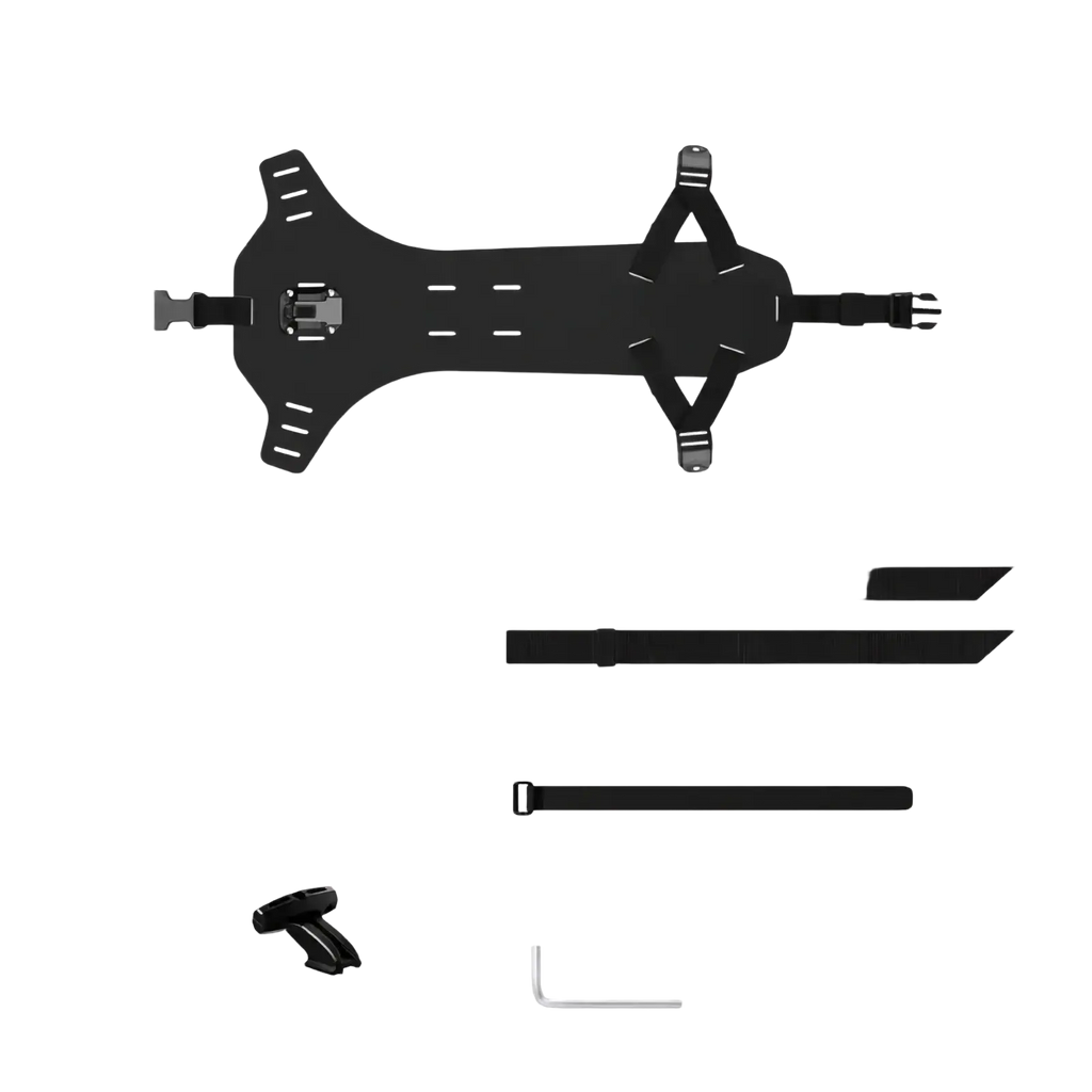 Black adjustable bike saddle bag stabilizer bracket with mounting harness, straps, and hardware for secure attachment