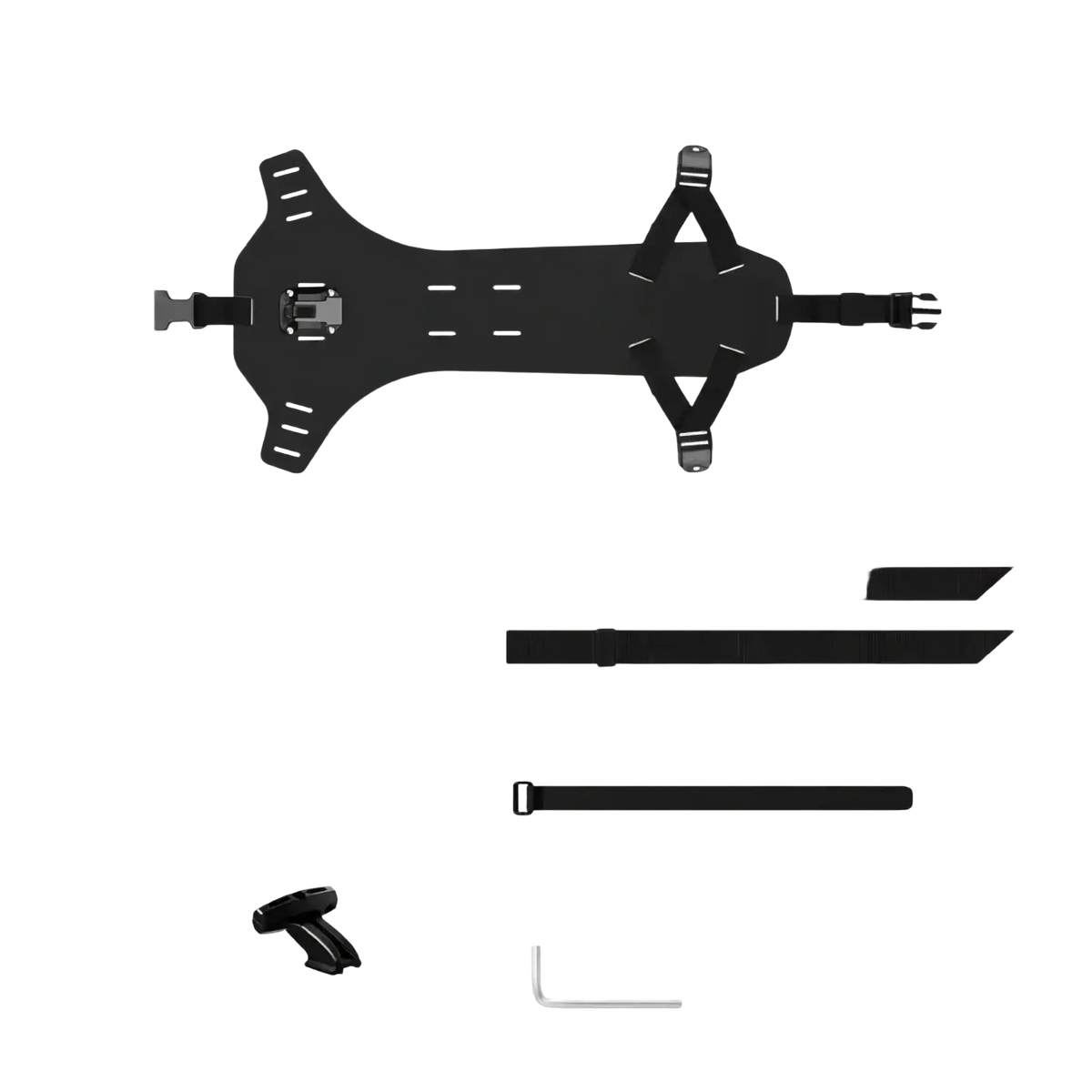 Black adjustable bike saddle bag stabilizer bracket with mounting harness, straps, and hardware for secure attachment