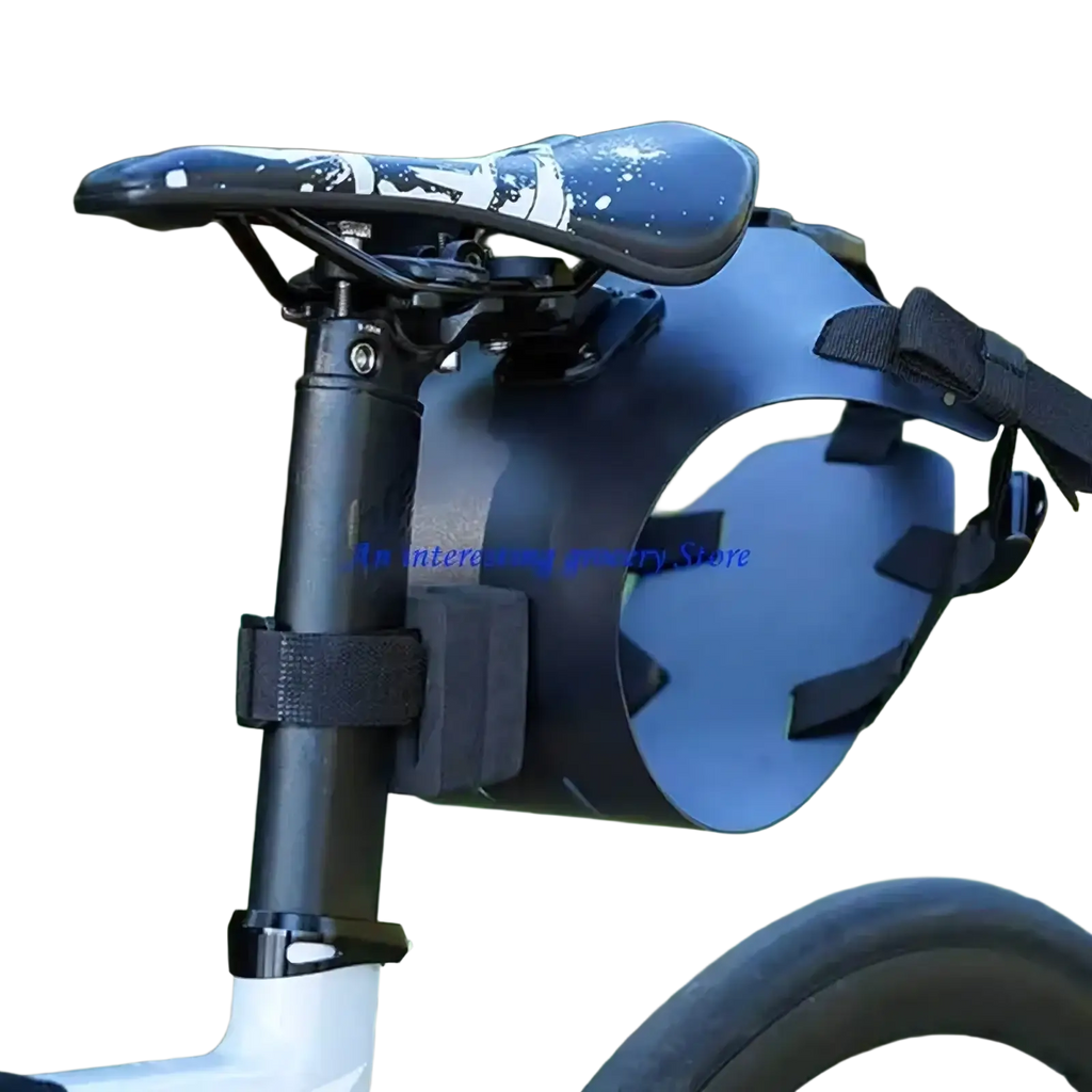 Black bike saddle bag stabilizer bracket with adjustable straps and sleek curved design shown from the back side