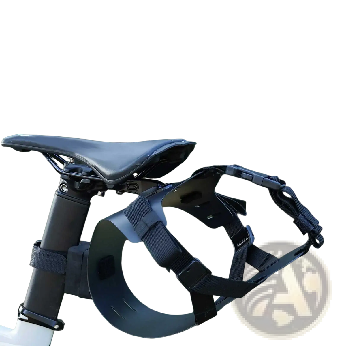 Black bike saddle bag stabilizer bracket carrier with adjustable straps and ergonomic seat clamp design shown from back side