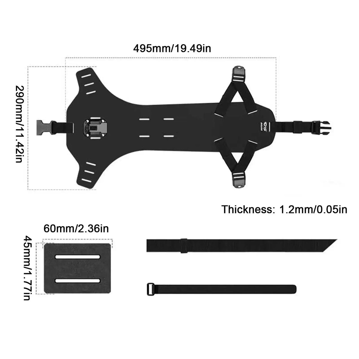 Black durable plastic bike saddle bag stabilizer bracket carrier with adjustable straps and central mounting plate back side