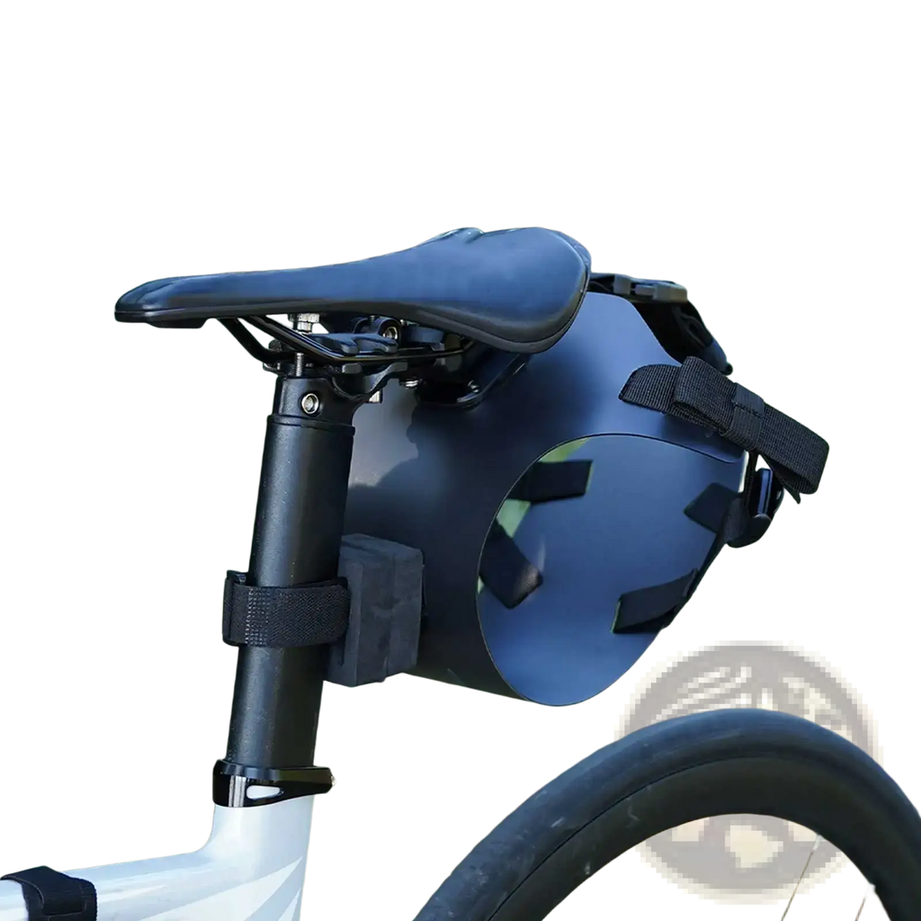 Black matte finish bike saddle bag stabilizer bracket carrier with adjustable straps and circular cutout shown from back side
