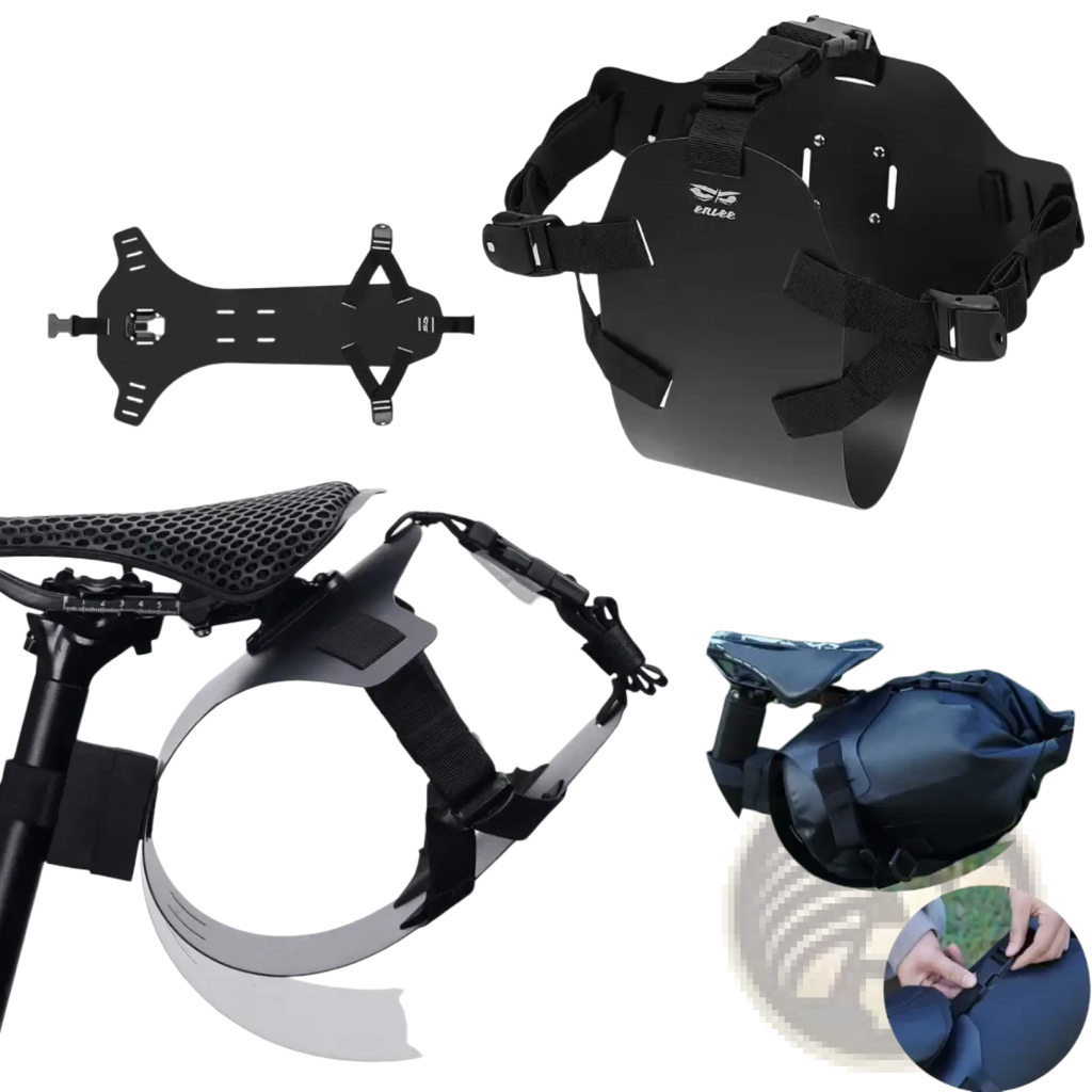 Black plastic bike saddle bag stabilizer bracket carrier with adjustable straps and secure clasp design visible from back side