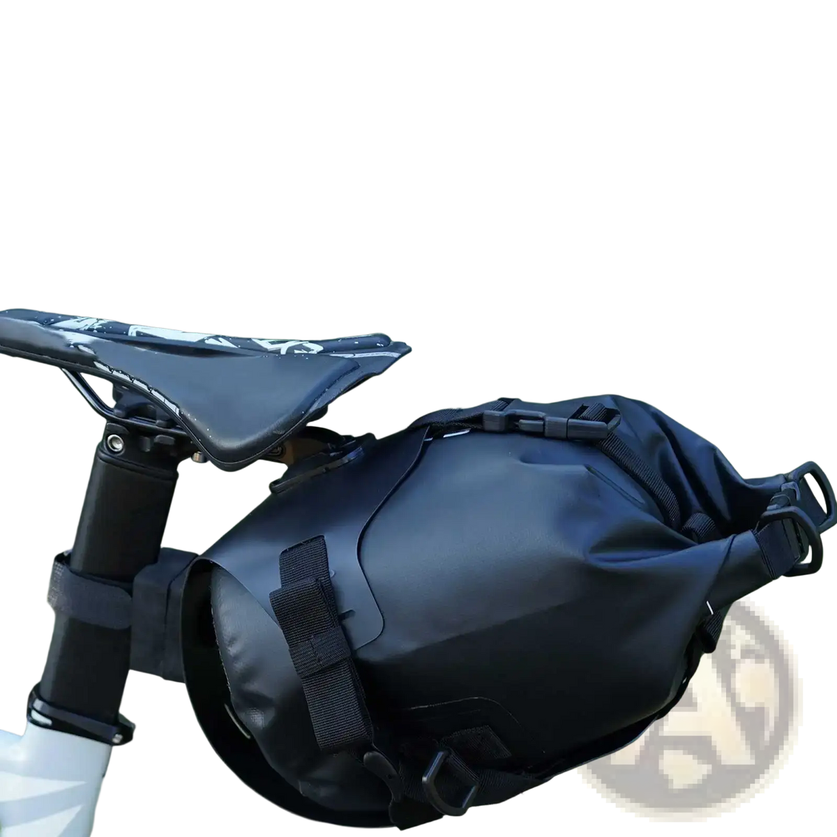 Black waterproof bike saddle bag with three-point fixation straps shown from the back for secure mounting