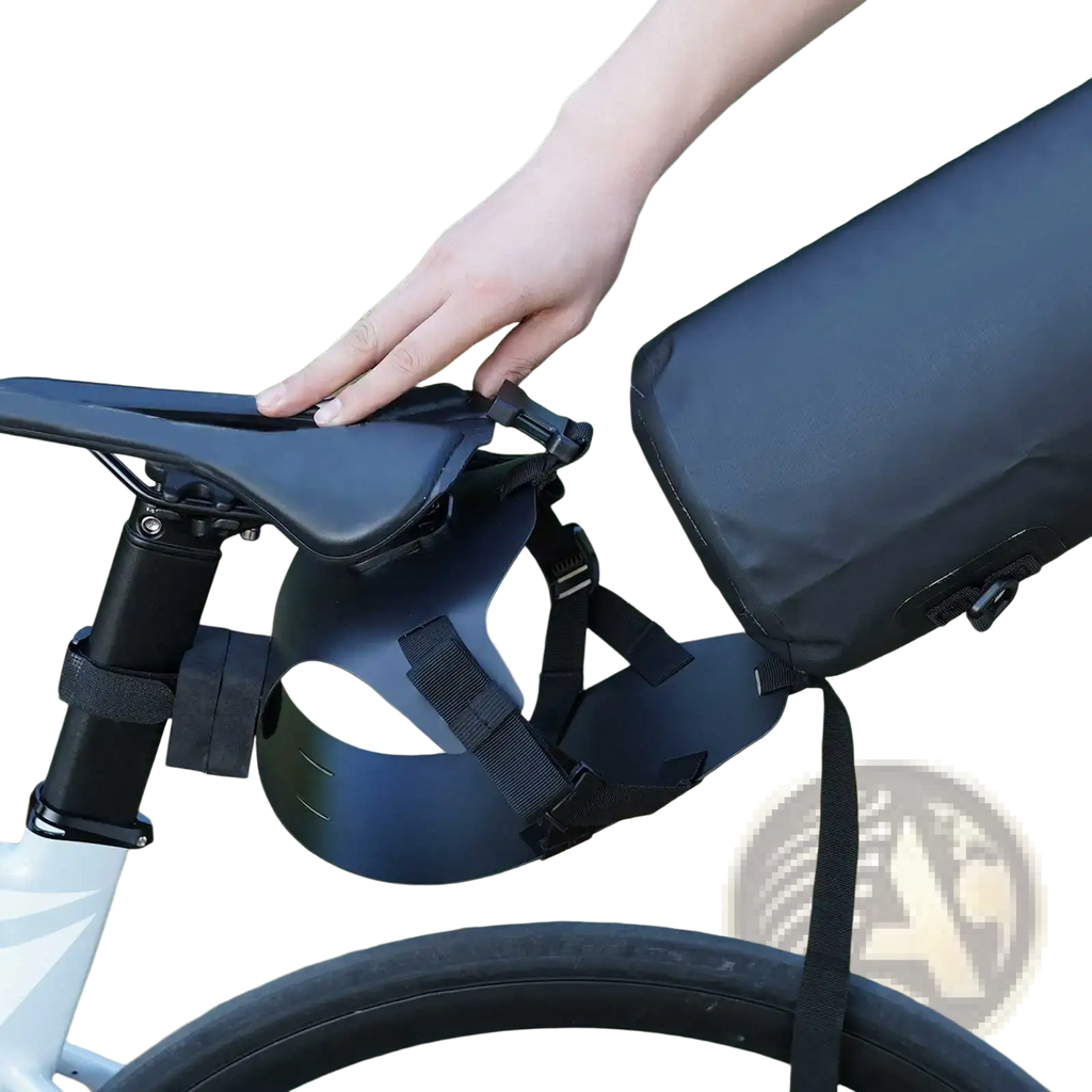 Black waterproof bike saddle bag stabilizer bracket carrier with adjustable straps and secure closure system