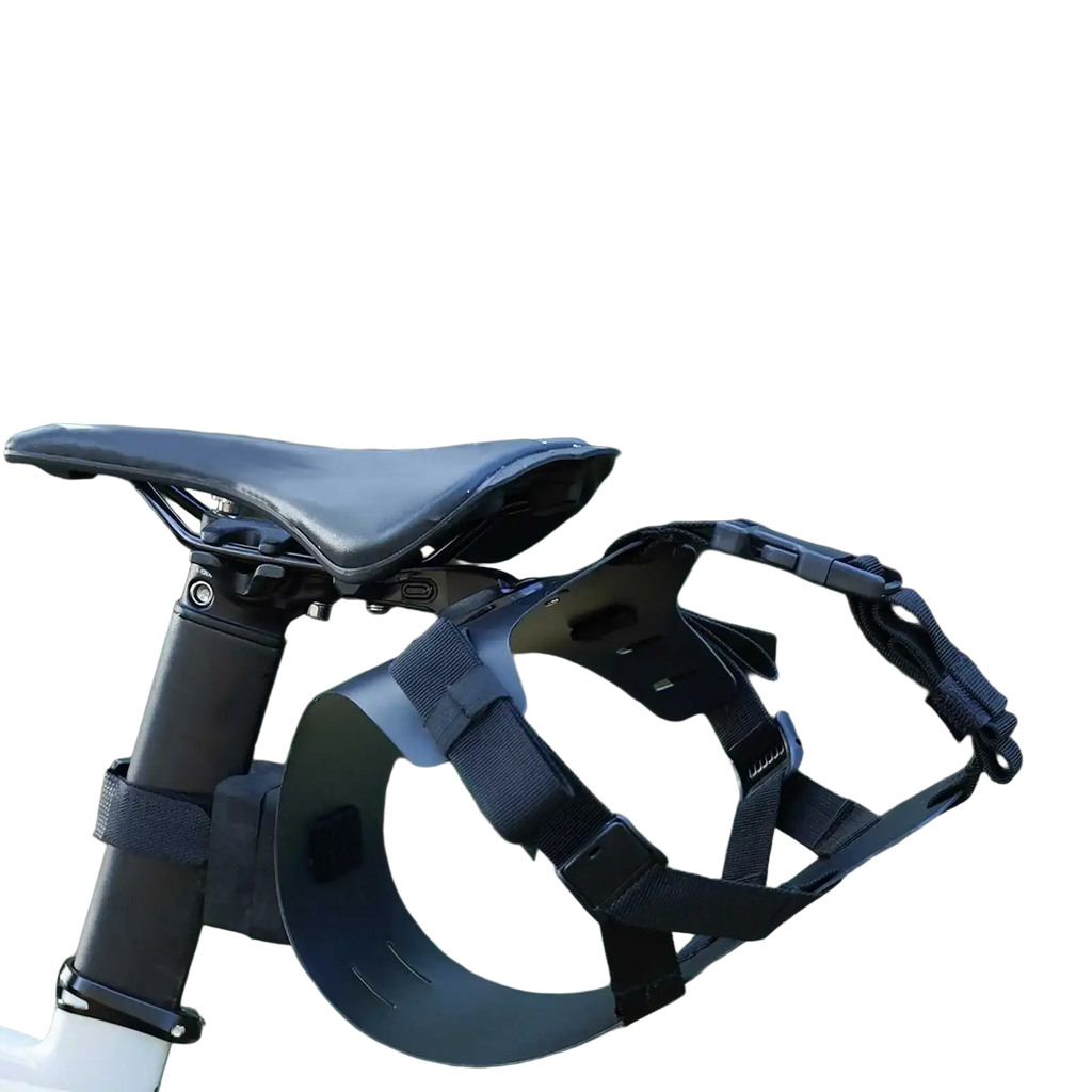 Black bike saddle bag stabilizer bracket carrier with adjustable straps and ergonomic seat clamp design shown from back side