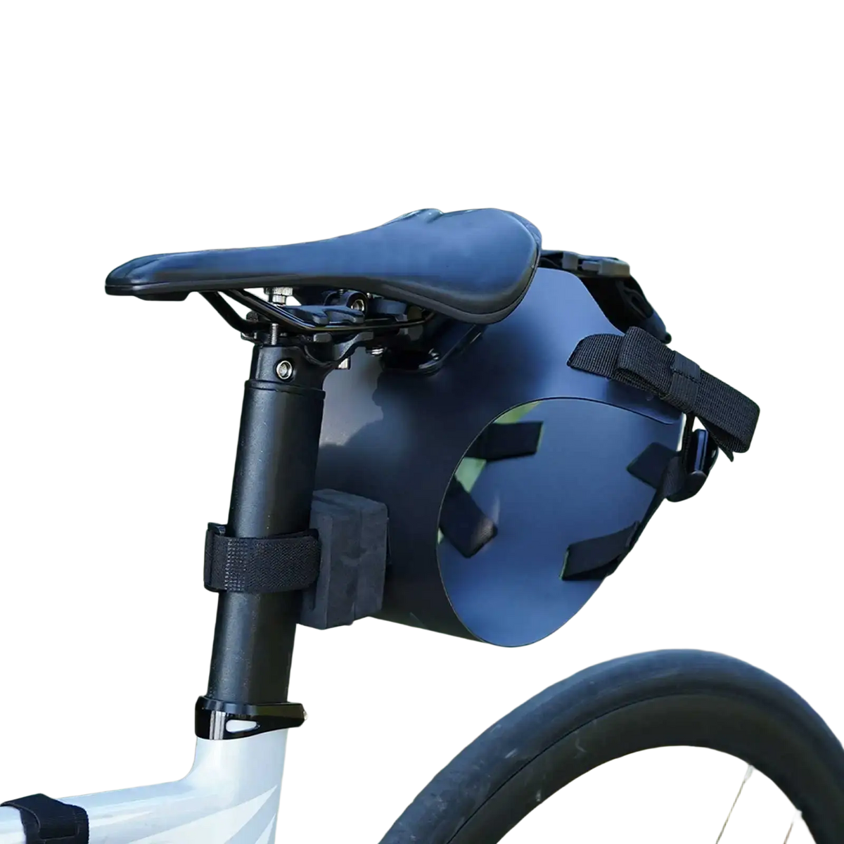 Black matte finish bike saddle bag stabilizer bracket carrier with adjustable straps and circular cutout shown from back side