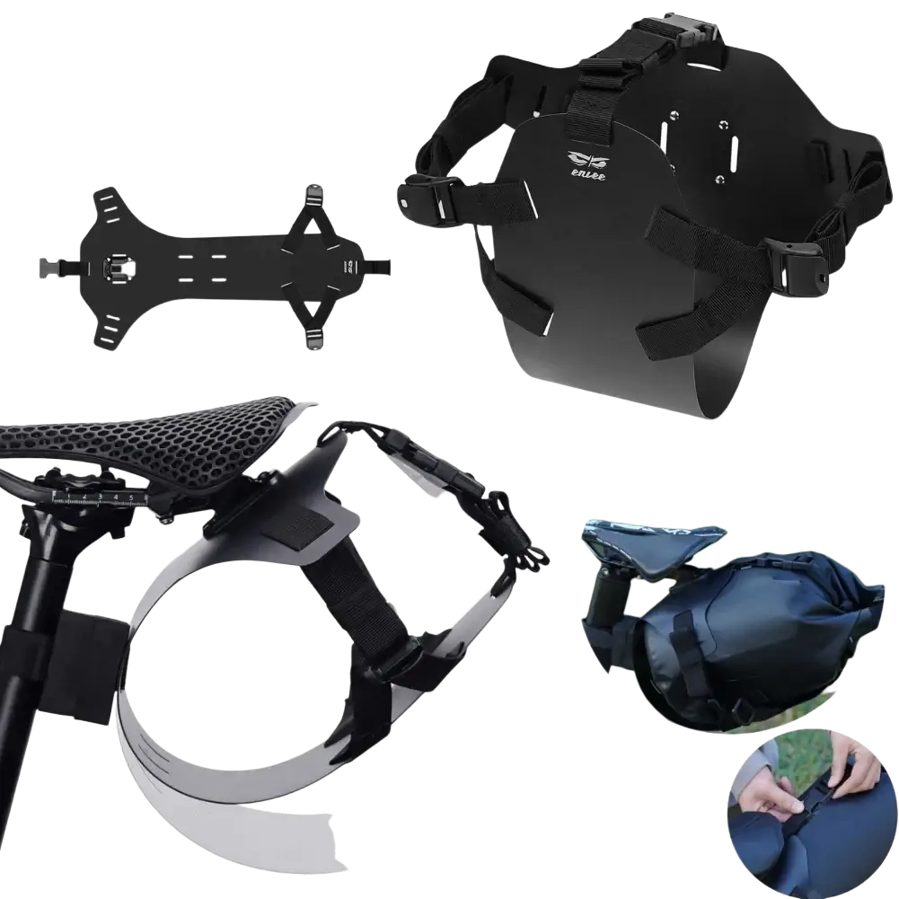 Black plastic bike saddle bag stabilizer bracket carrier with adjustable straps and secure clasp design visible from back side