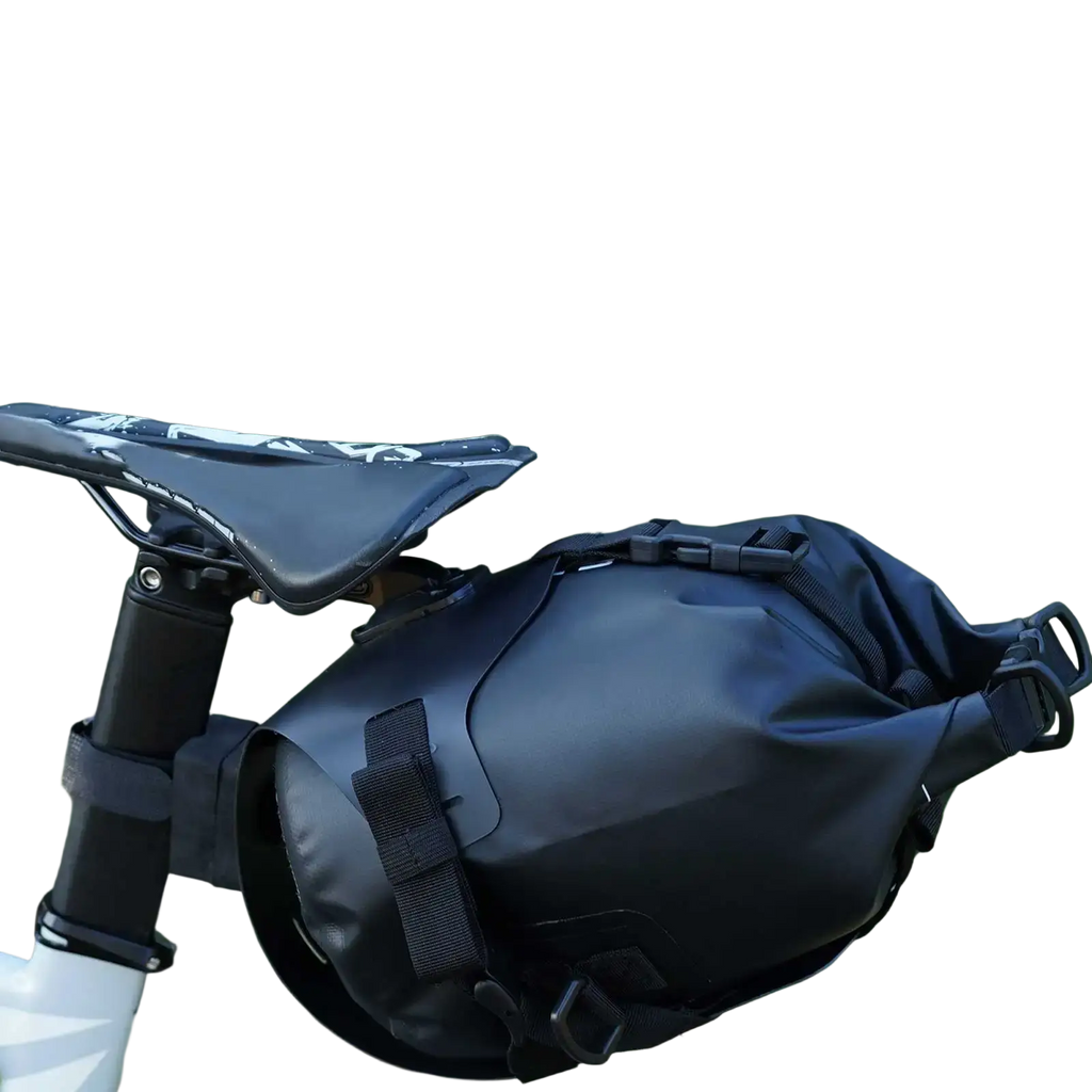 Black waterproof bike saddle bag with three-point fixation straps shown from the back for secure mounting