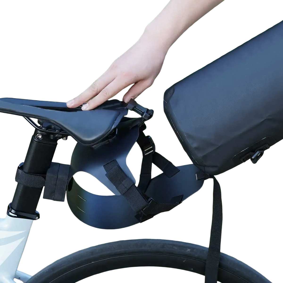 Black waterproof bike saddle bag stabilizer bracket carrier with adjustable straps and secure closure system
