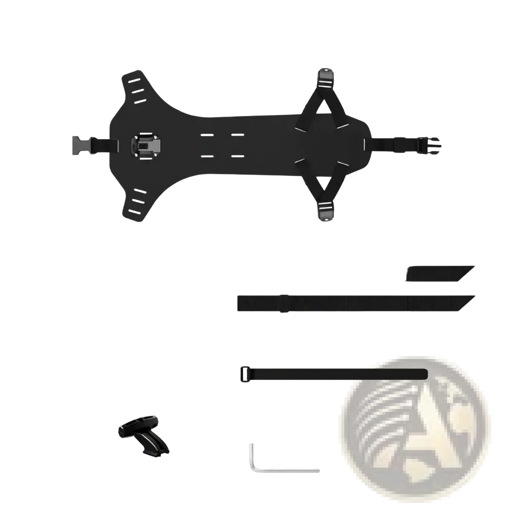 Black adjustable bike saddle bag stabilizer bracket with mounting harness, straps, and hardware for secure attachment