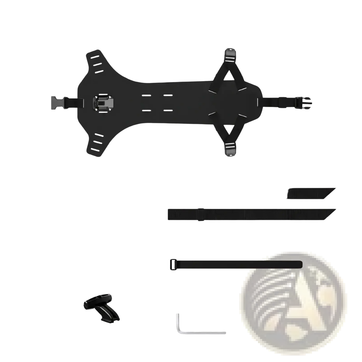 Black adjustable bike saddle bag stabilizer bracket with mounting harness, straps, and hardware for secure attachment