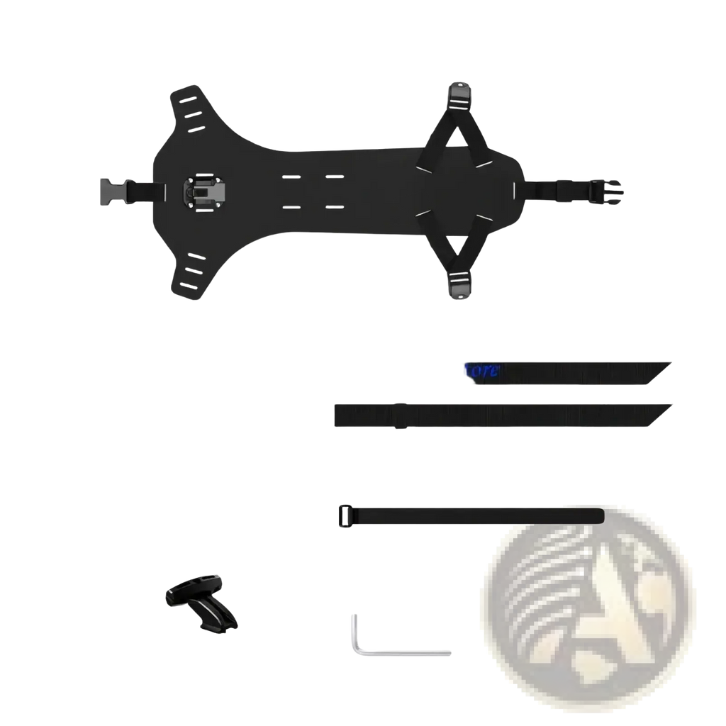 Black adjustable camera mount with multiple attachment points and straps for bike saddle bag stabilizer bracket use