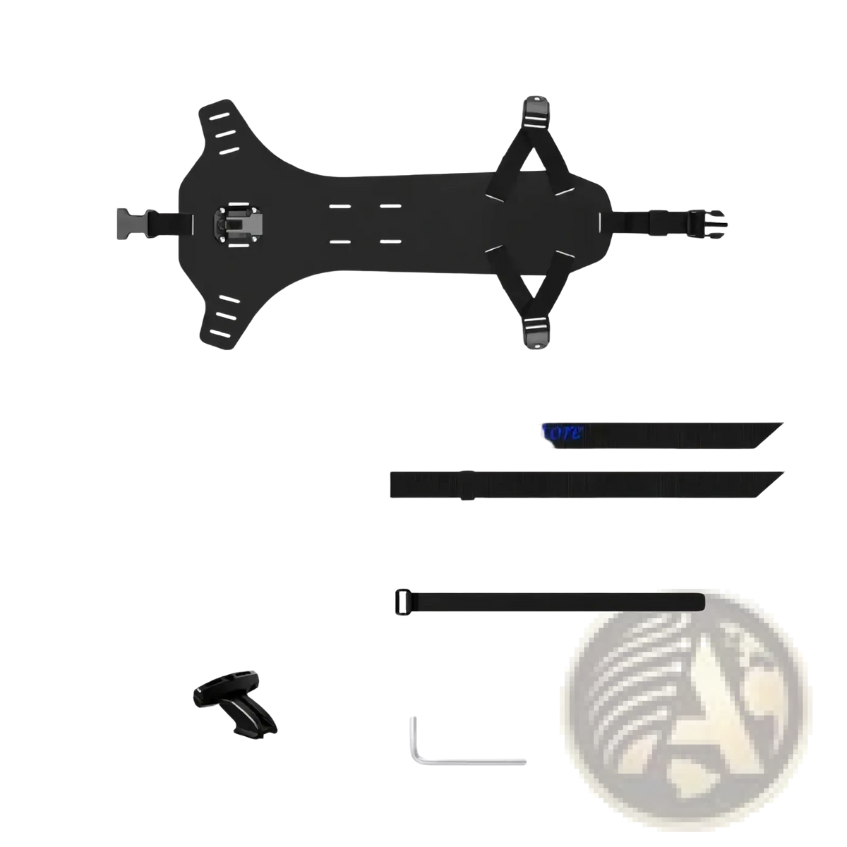 Black adjustable camera mount with multiple attachment points and straps for bike saddle bag stabilizer bracket use