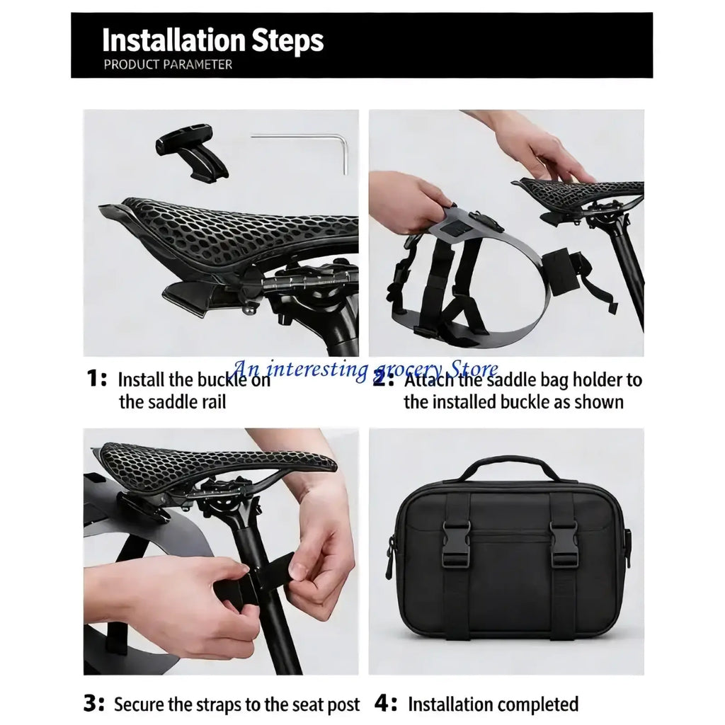 Black mesh bike saddle bag stabilizer bracket with adjustable straps and buckle closure shown from the back side