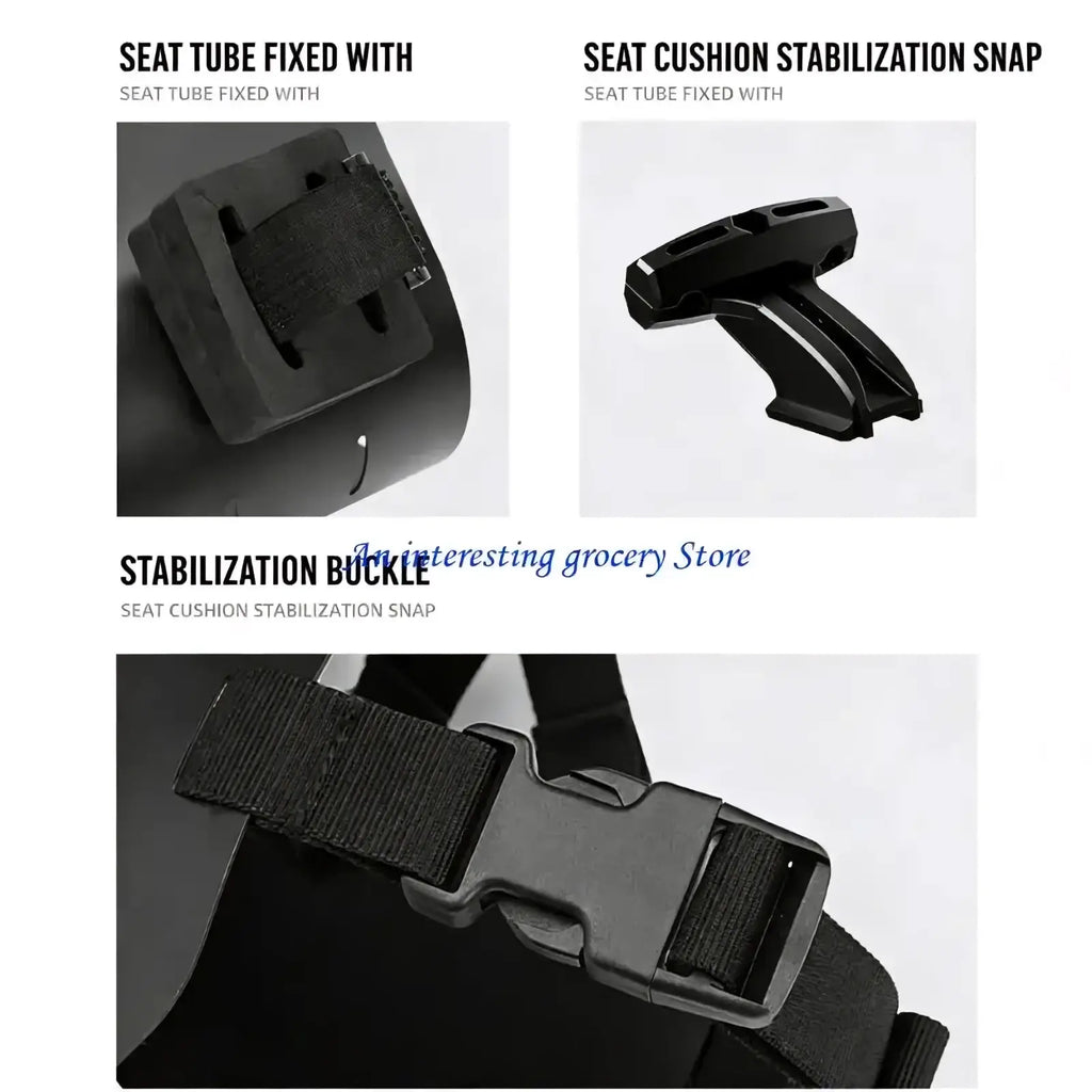Black plastic bike saddle bag stabilizer bracket with seat cushion snap textured grip and strap attachment points