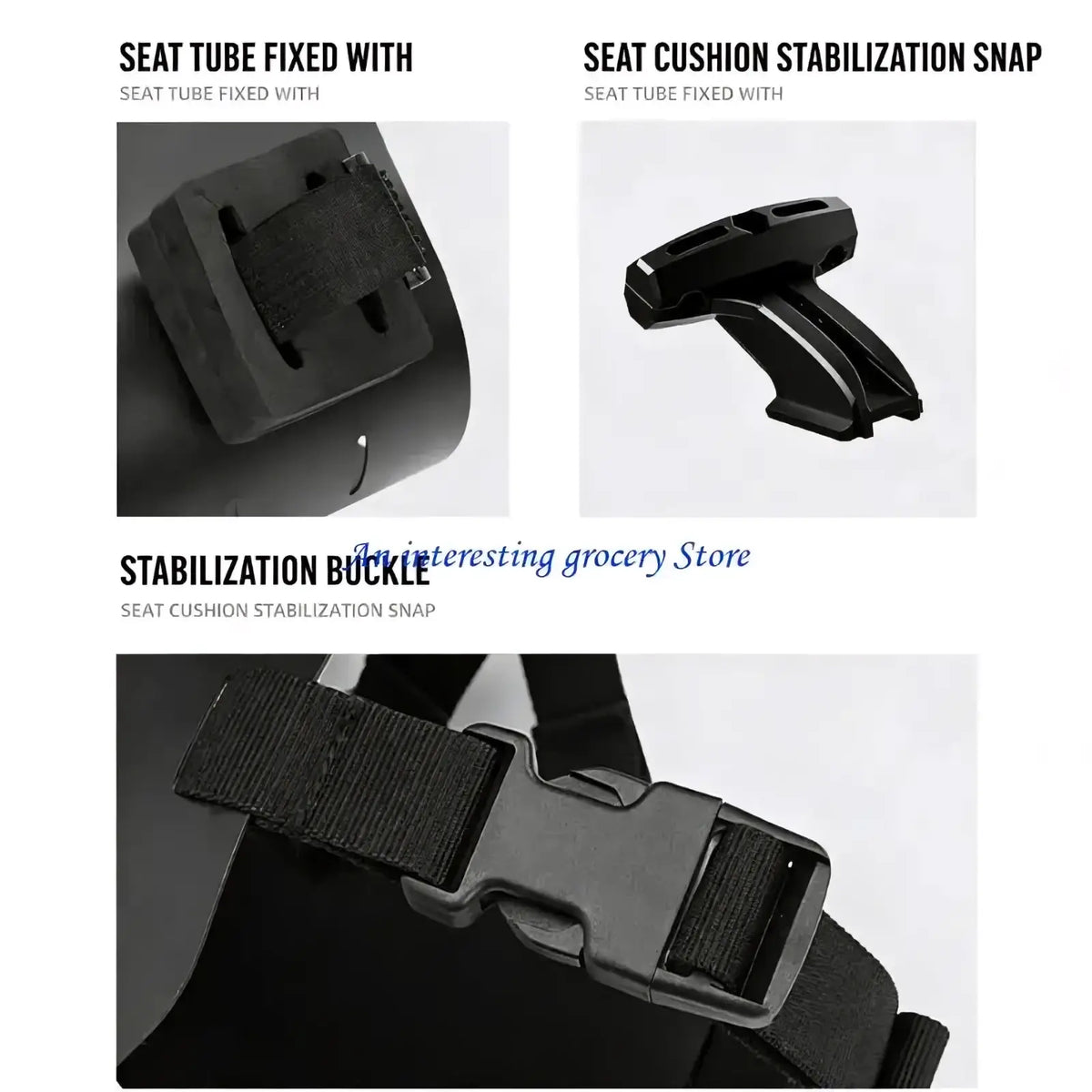 Black plastic bike saddle bag stabilizer bracket with seat cushion snap textured grip and strap attachment points